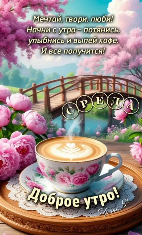 Открытка с добрым утром и кофе на среду