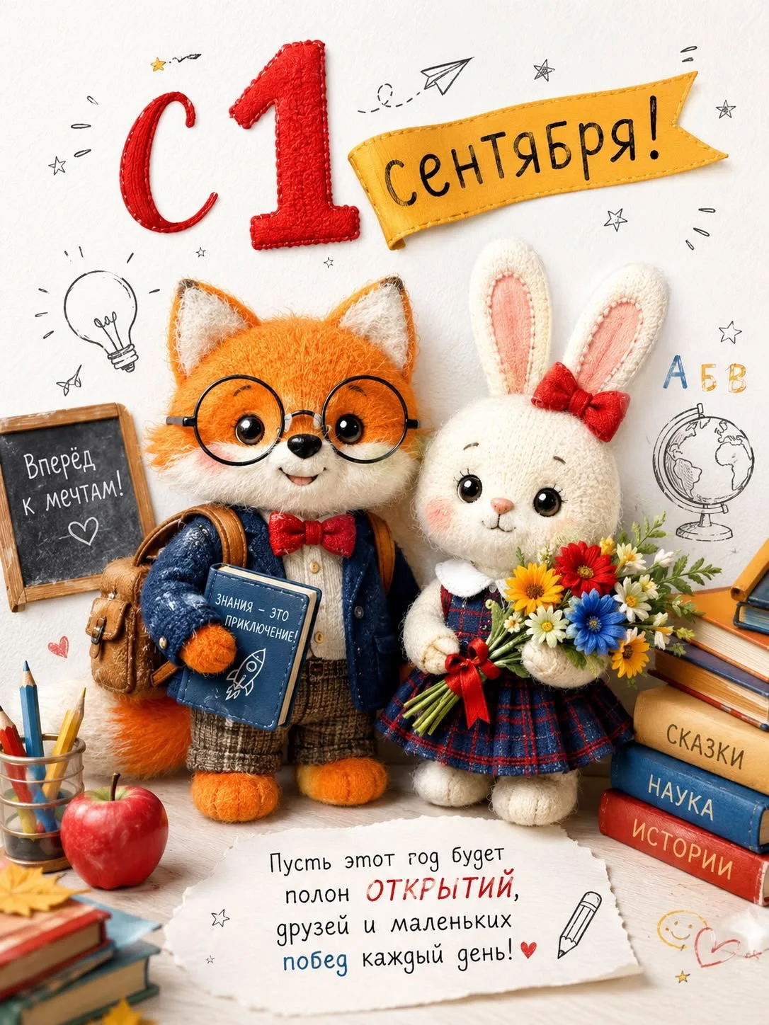 Открытка с Днем знаний: яркие животные и цветы