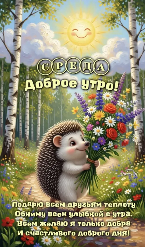 Открытка с доброе утро и милым ежом