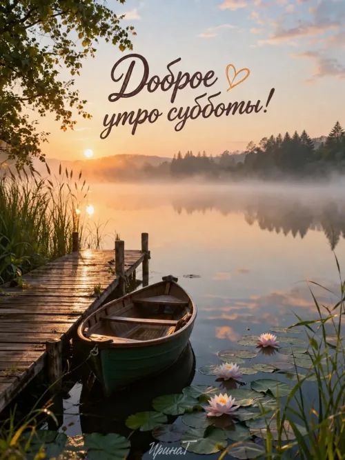 Открытка с доброе утро субботы и лодкой на озере