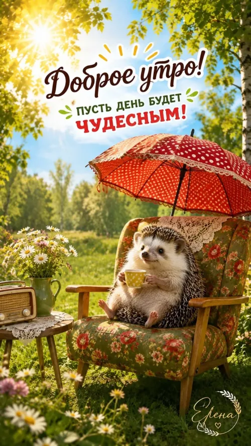 Позитивная открытка с добрым утром и ежом