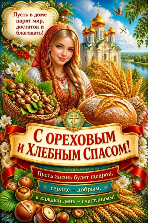 Открытка с Ореховым Спасом: Праздничная открытка с хлебом и орехами