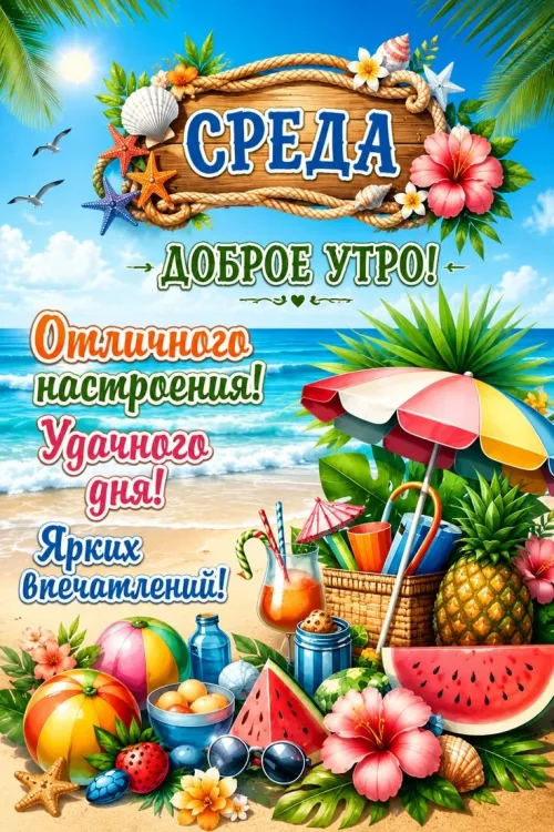 Открытка с доброго утра на среду с пляжем и фруктами