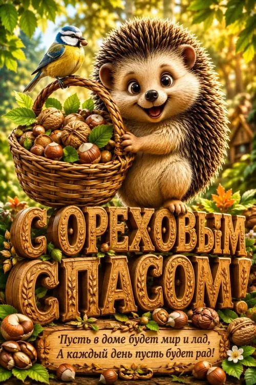 Открытка с Ореховым Спасом: Счастливый ёжик с корзиной орехов