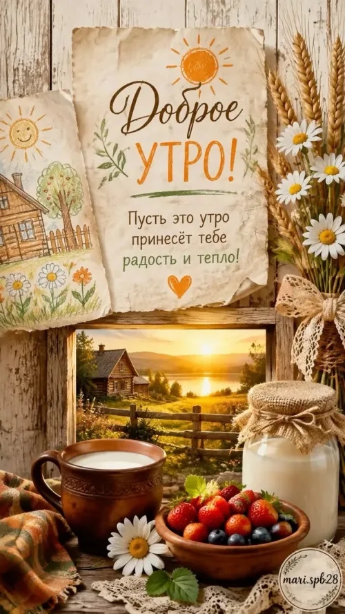 Открытка с добрым утром и пейзажем заката