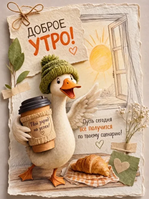 Утка с кофе и пожеланиями открытка
