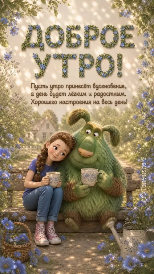 Открытка с добрым утром и зеленым монстром