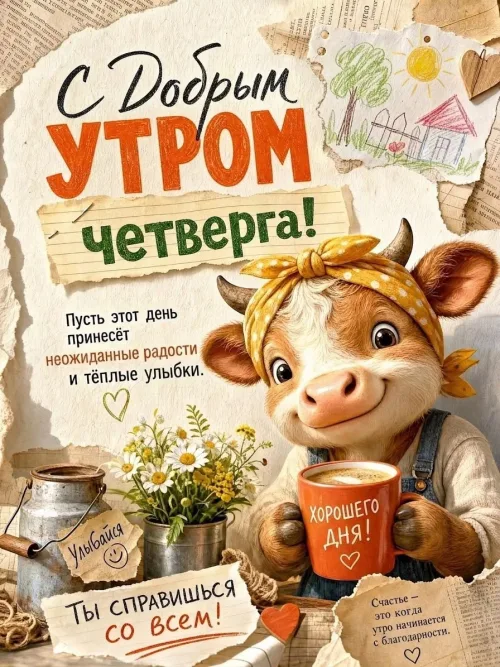 Открытка с доброго утра четверга: корова с кофе и цветами