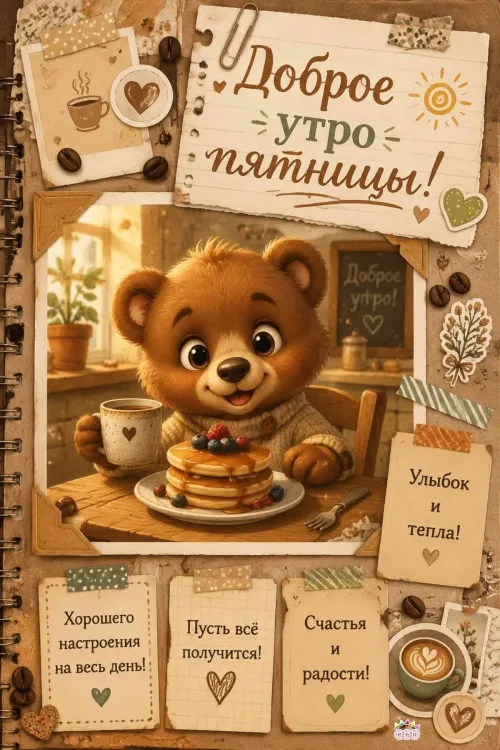 Улыбка медведя с панкейками и кофе открытка