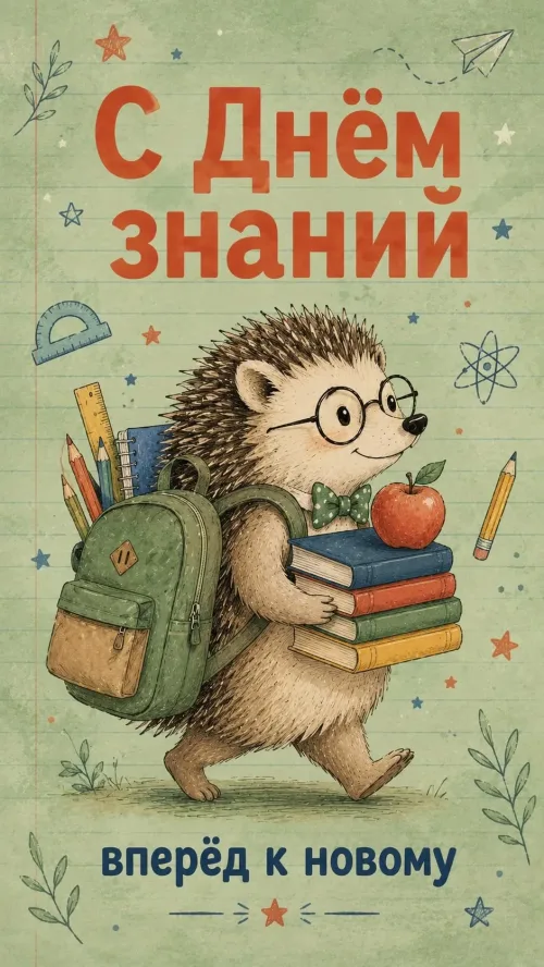Открытка с Днём знаний: ежик идет в первый класс