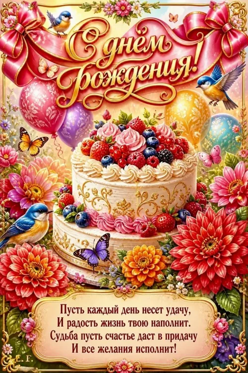 Открытка с днем рождения с тортом и цветами