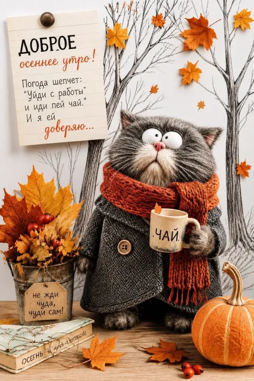 Открытка с осенним утром и котом в шарфе