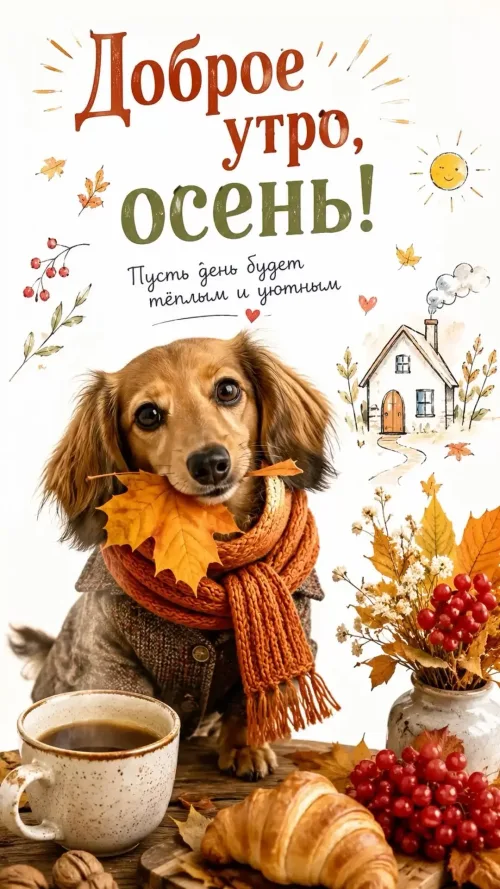 Открытка с добрым утром осенью и собакой