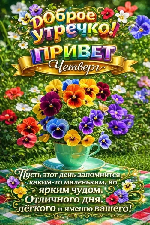 Открытка с добрым утром Четверг: яркие цветы в чашке
