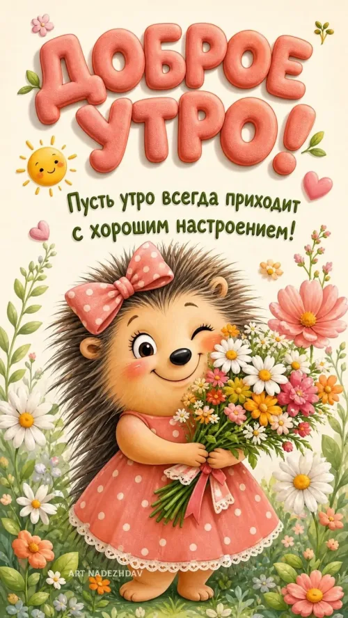Позитивная открытка с добрым утром и милой ежихой