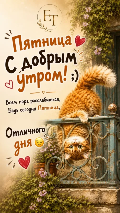 Пятница с добрым утром: открытка с котом и цветами