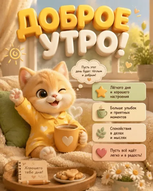 Позитивная открытка с добрым утром и котом