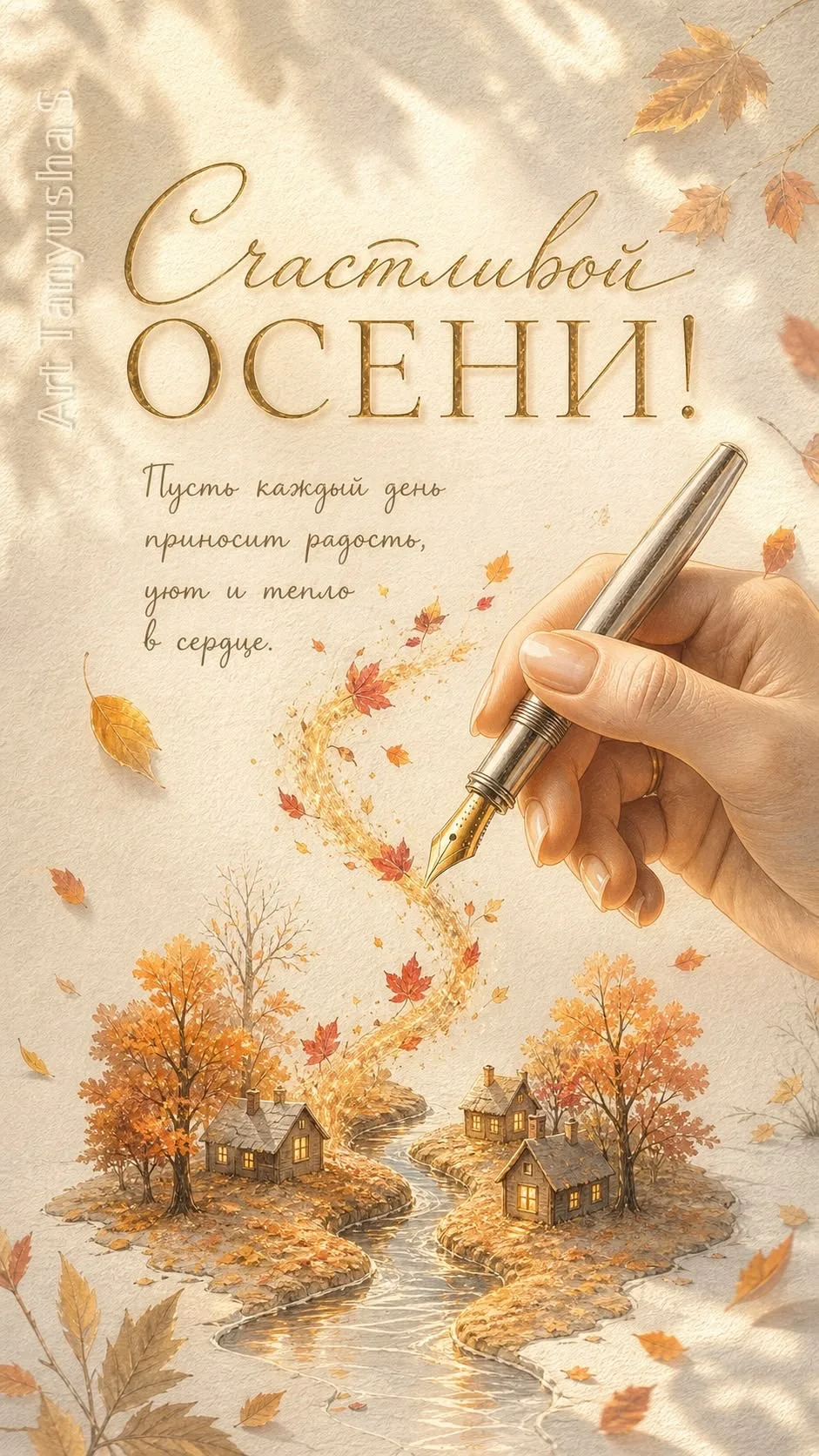 Открытка с осенним пейзажем и надписью "Счастливой осени"