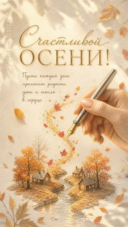 Открытка с осенним пейзажем и надписью "Счастливой осени"