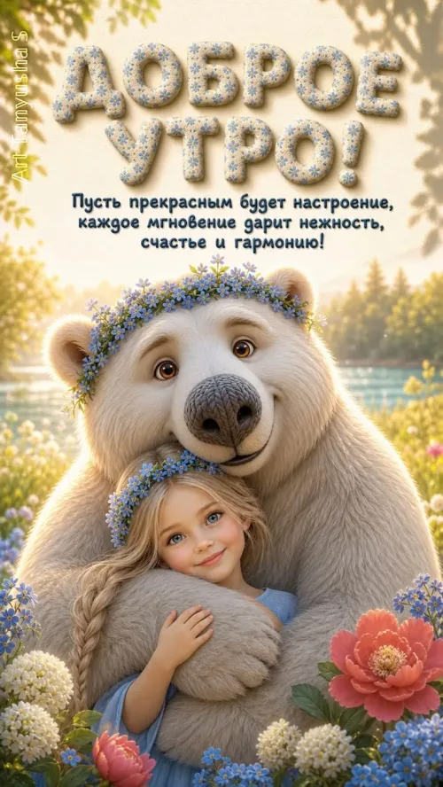 Открытка с добрым утром и медведем в цветах