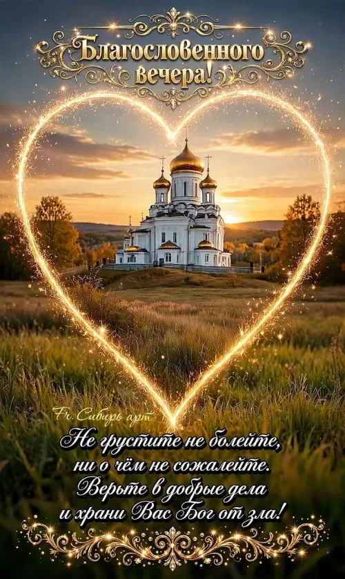 Благословенного вечера открытка с церковью и сердцем