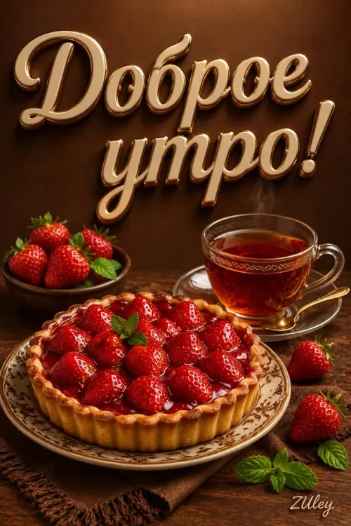 Позитивная открытка с добрым утром и клубничным тартом
