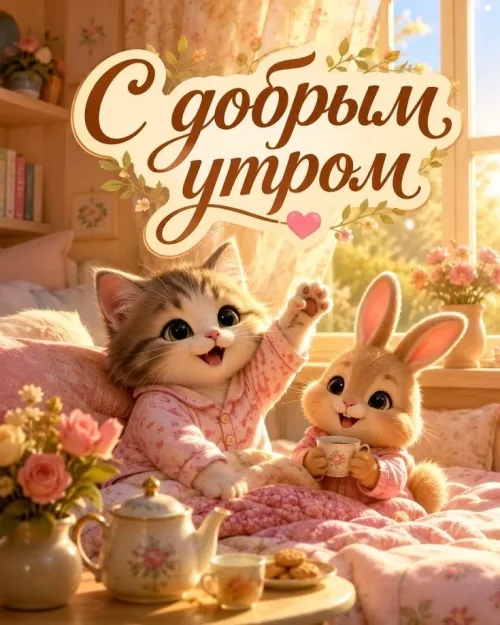 Прикольная открытка с добрым утром: кот и кролик в пижамах