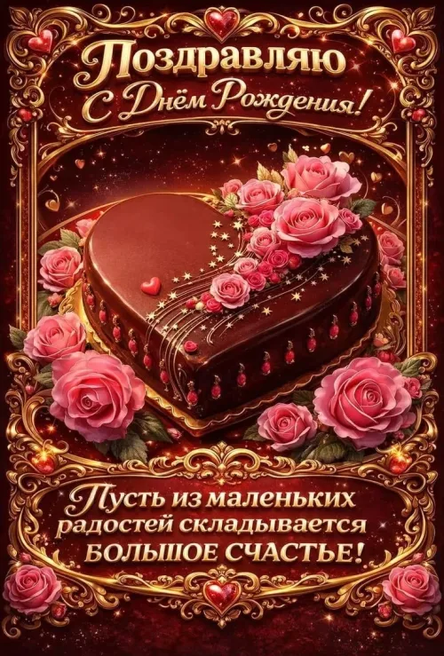 Красивая открытка с днем рождения женщине с тортом и розами