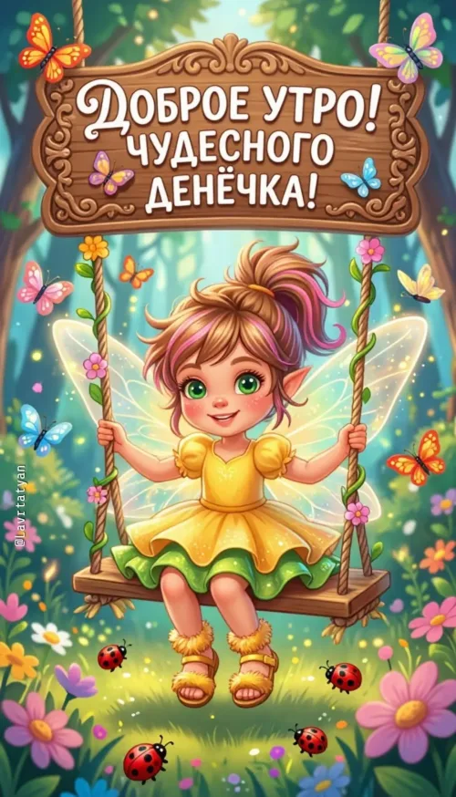 Открытка с добрым утром и феей на качелях