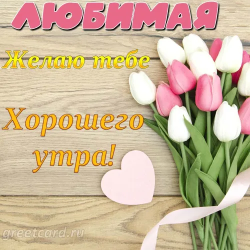 Открытка с тюльпанами и сердцем: доброе утро любимой