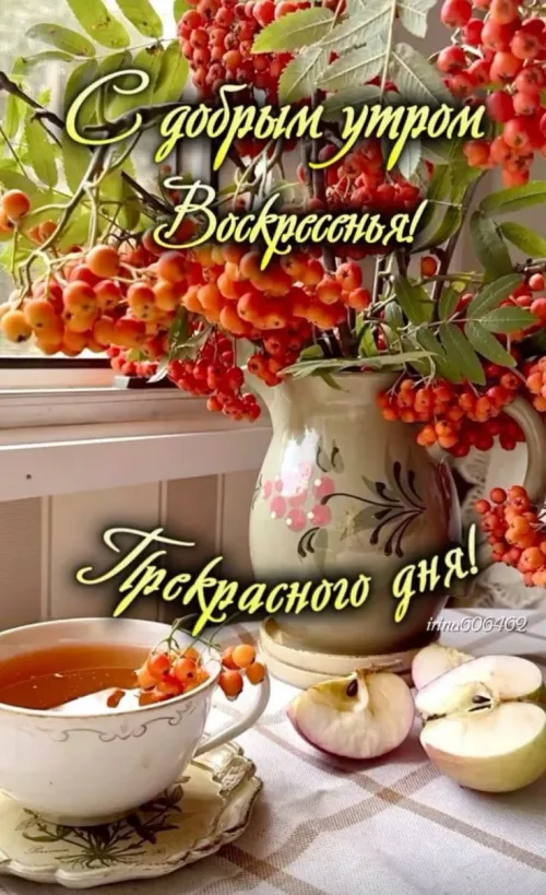 Открытка с добрым утром и воскресеньем: ягоды и чай