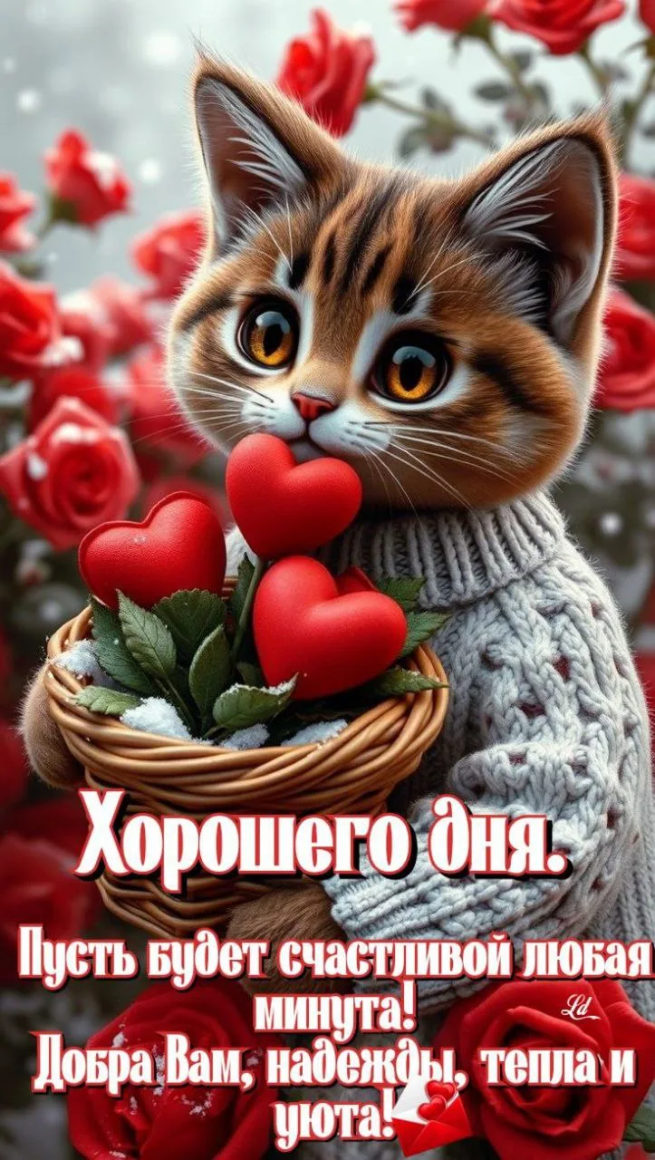 Кот с сердцами и розами: открытка с добрым утром