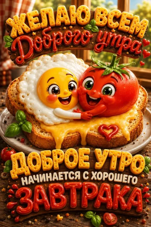 Прикольная открытка с добрым утром: яйцо и помидор