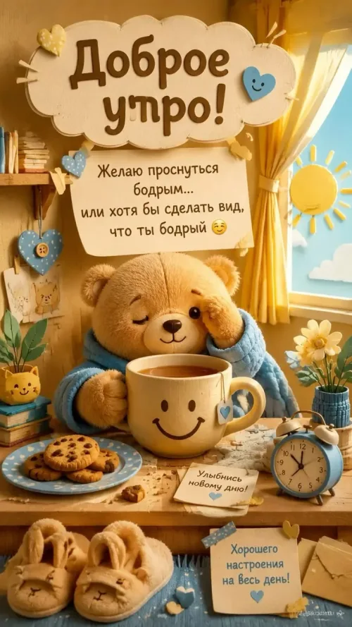Позитивная открытка с добрым утром и улыбающимся медведем