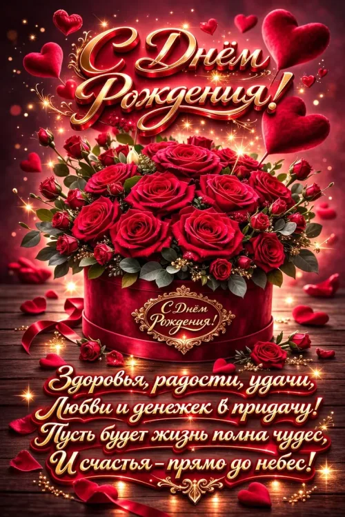Открытка с днем рождения женщине с красными розами и пожеланиями