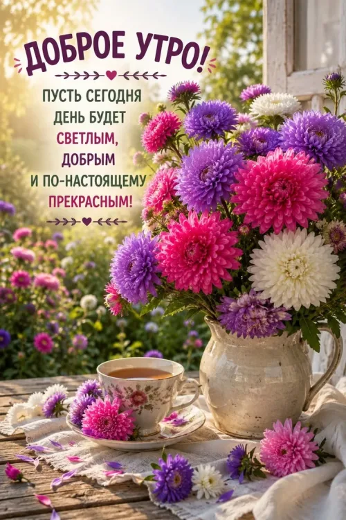 Позитивная открытка с добрым утром и цветами