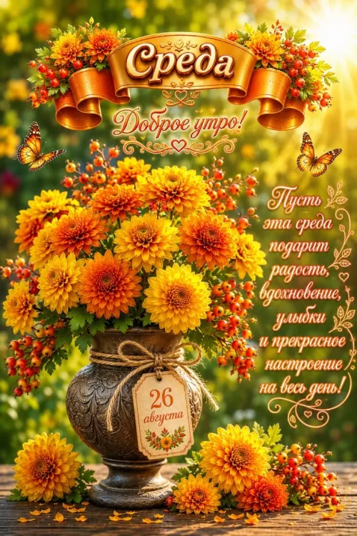 Открытка с доброго утра и осенними цветами