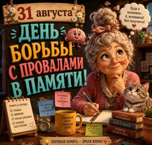 Открытка с днем борьбы с пробледами в памяти с котом и кофе