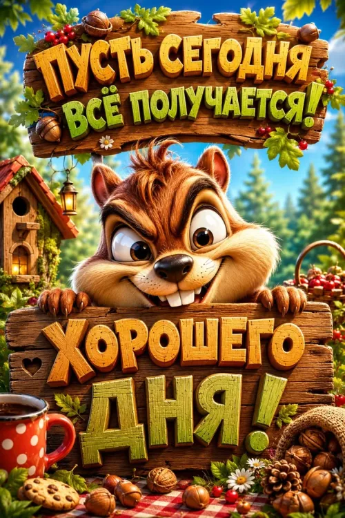 Открытка с добрым утром и смешным енотом