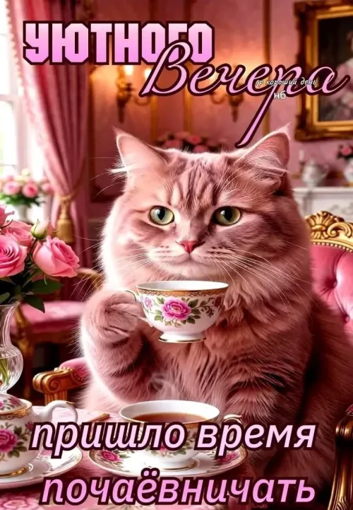 Уютная кошачья открытка с чаем и цветами