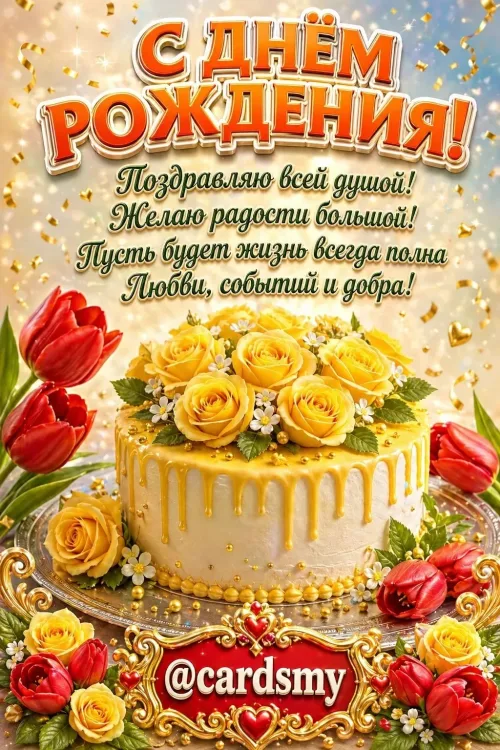 Открытка с днем рождения мужчине с тортом и цветами