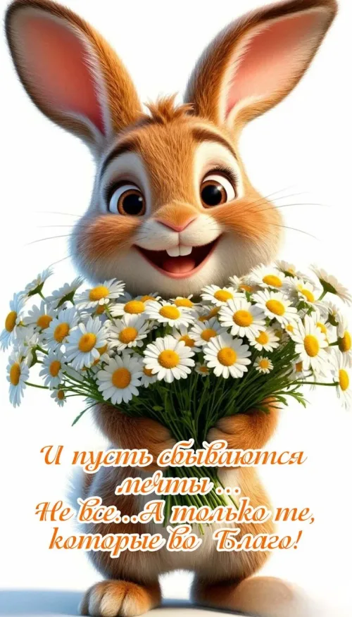 Счастливый кролик с ромашками открытка