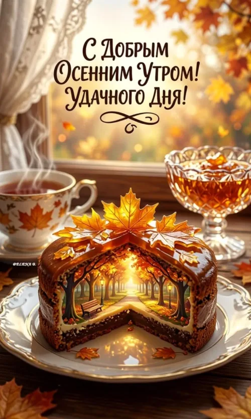 Открытка с осенним утренним пейзажем и чашкой чая