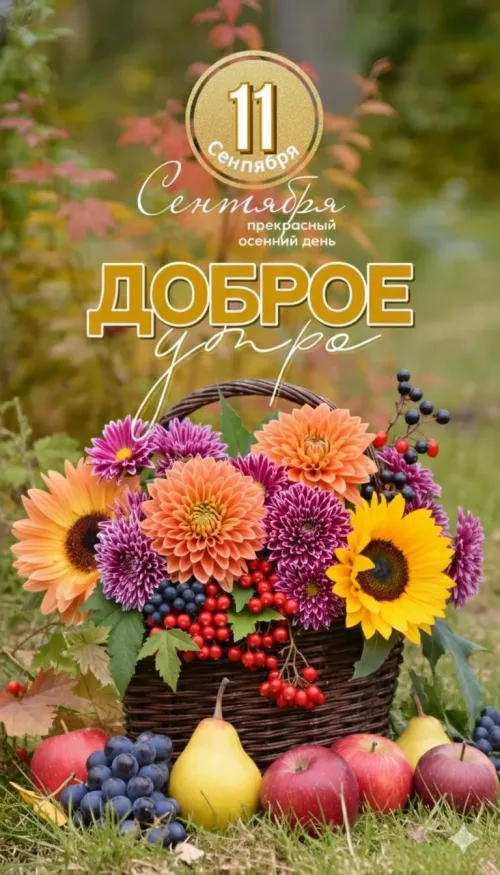 Открытка с осенним утром и цветами