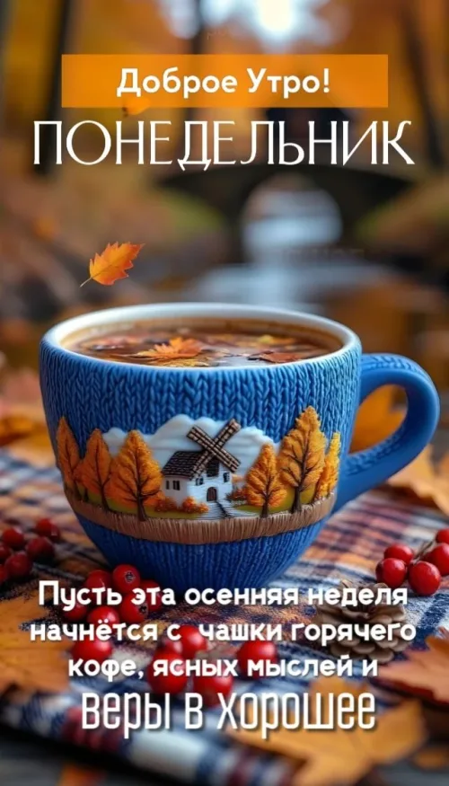 Открытка с добрым утром и осенним пейзажем