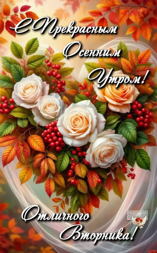 Открытка с прекрасным осенним утром и цветами