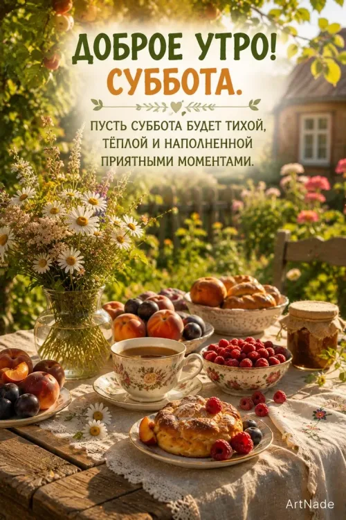 Открытка с добрым утром на субботу с цветами и ягодами