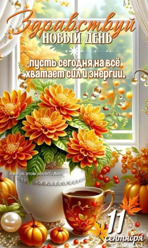 Здравствуй Новый день открытка с осенними цветами и чашкой чая