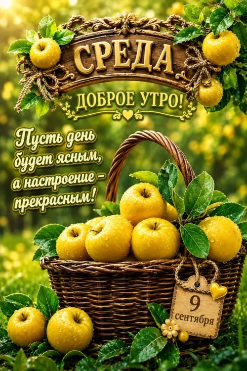 Открытка с добрым утром на среду с яблоками
