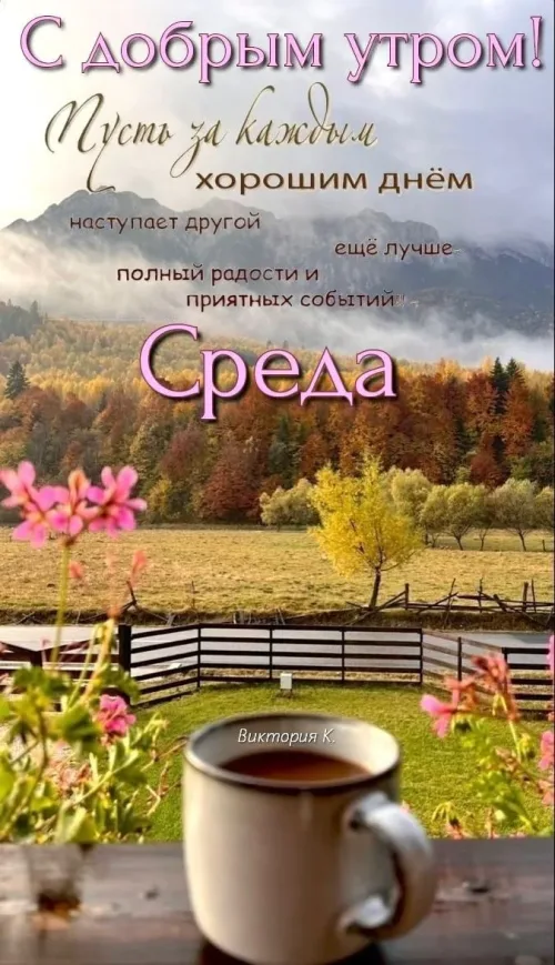 Открытка с добрым утром на среду с осенним пейзажем и чашкой чая